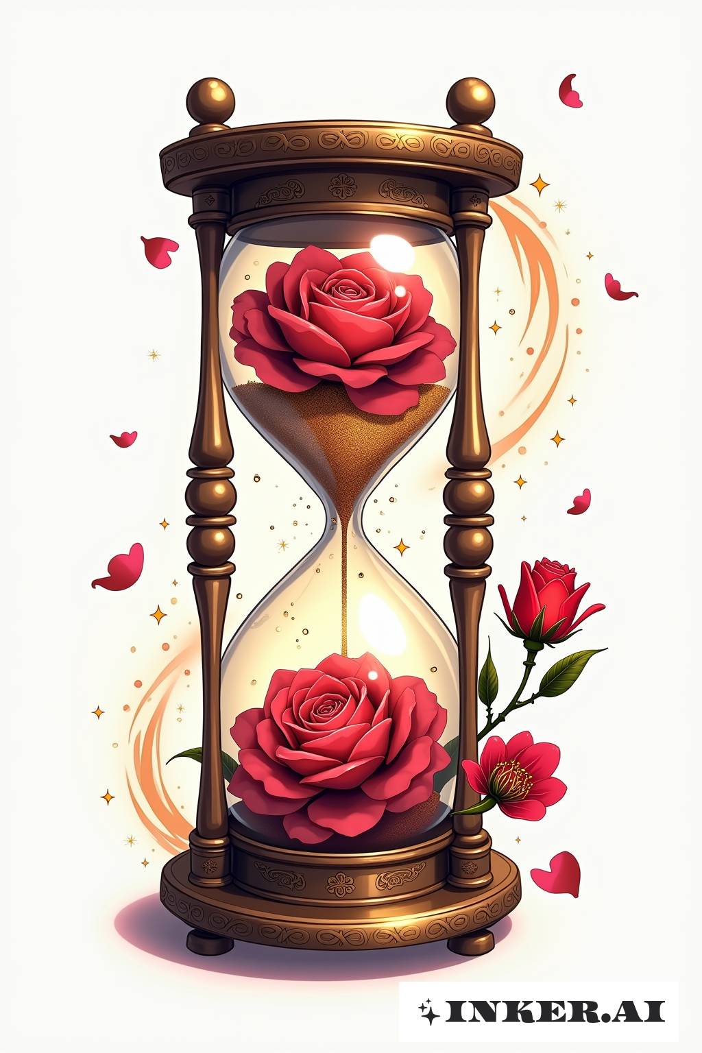 Un tatouage méticuleusement conçu mettant en scène une rose dans un sablier, entouré de sable fluide, symbolisant le passage du temps et la beauté.