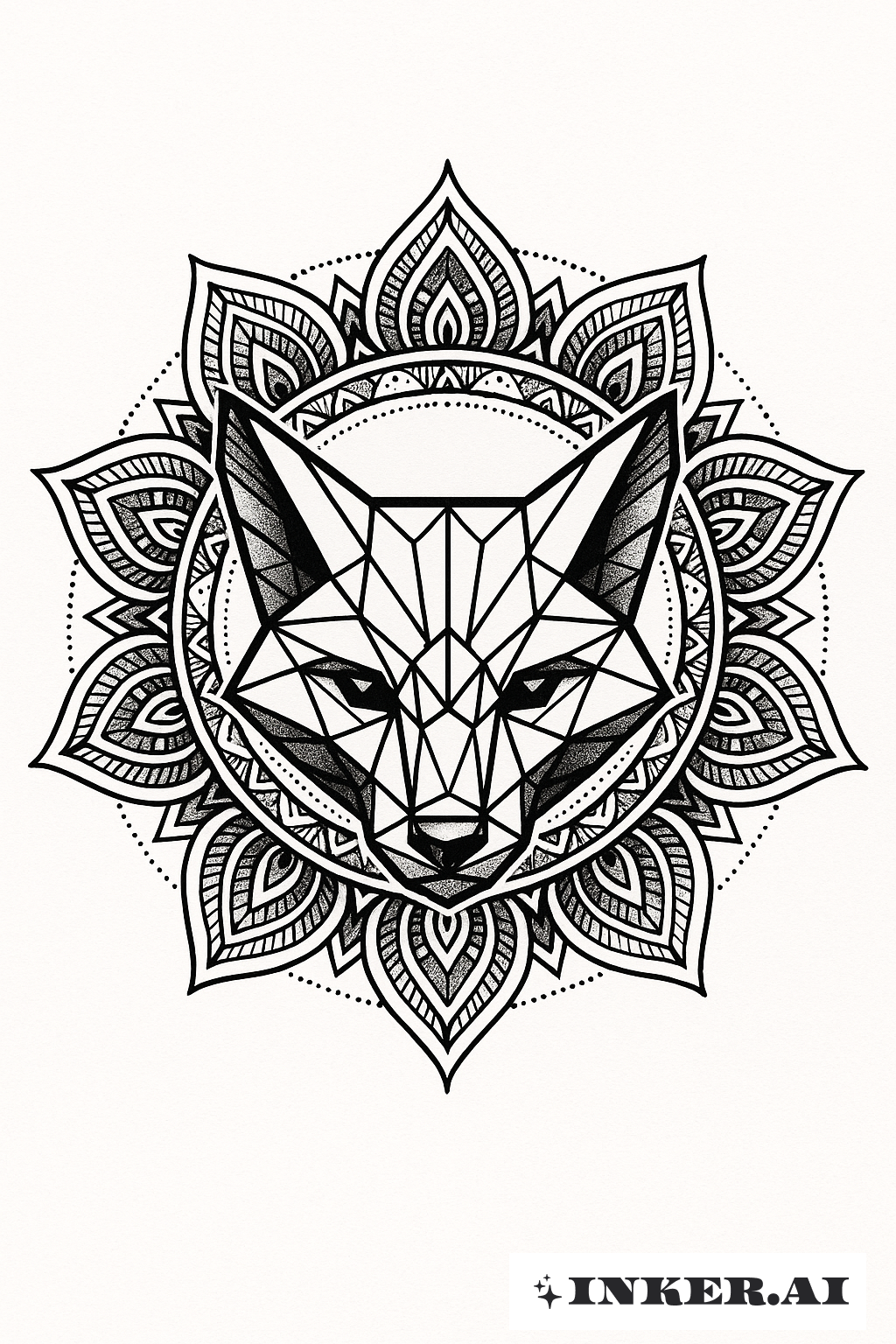 Une tête de renard géométrique émergeant d'un mandala