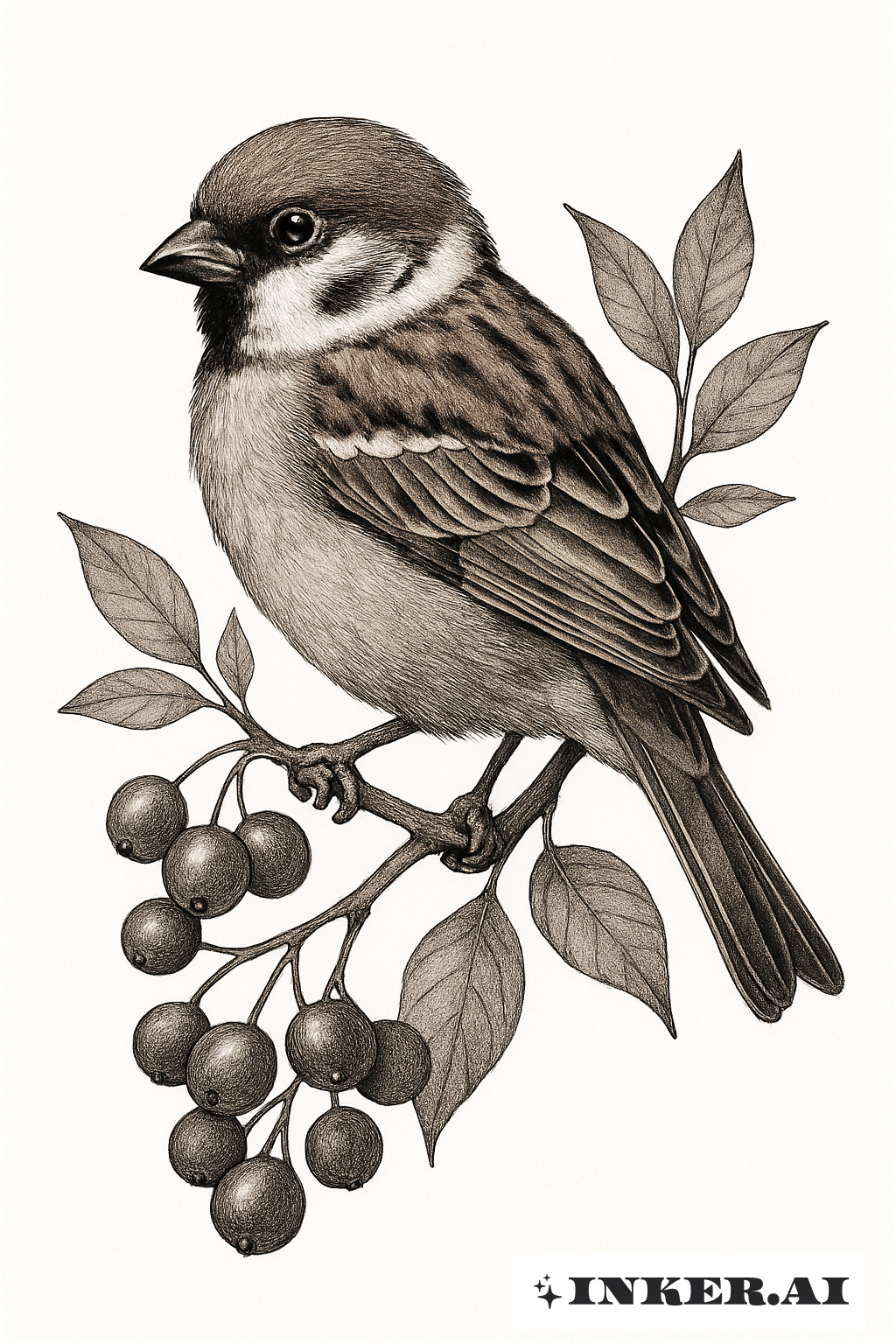 Realistic Sparrow On A Berry Branch