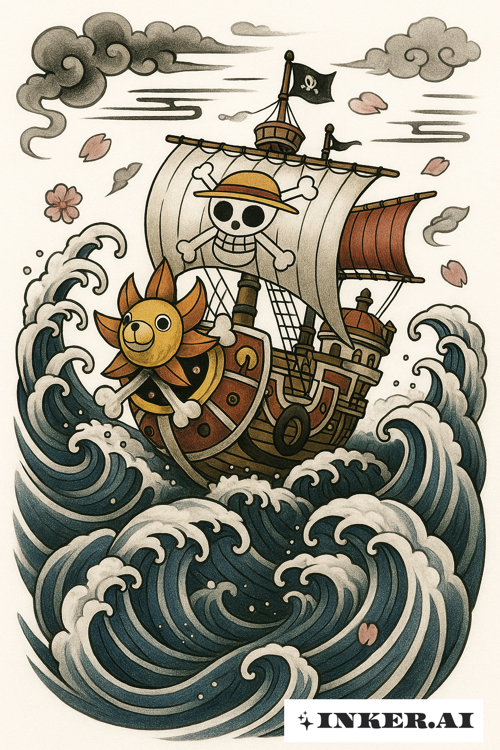 Con tàu Thousand Sunny của One Piece trên những con sóng lớn