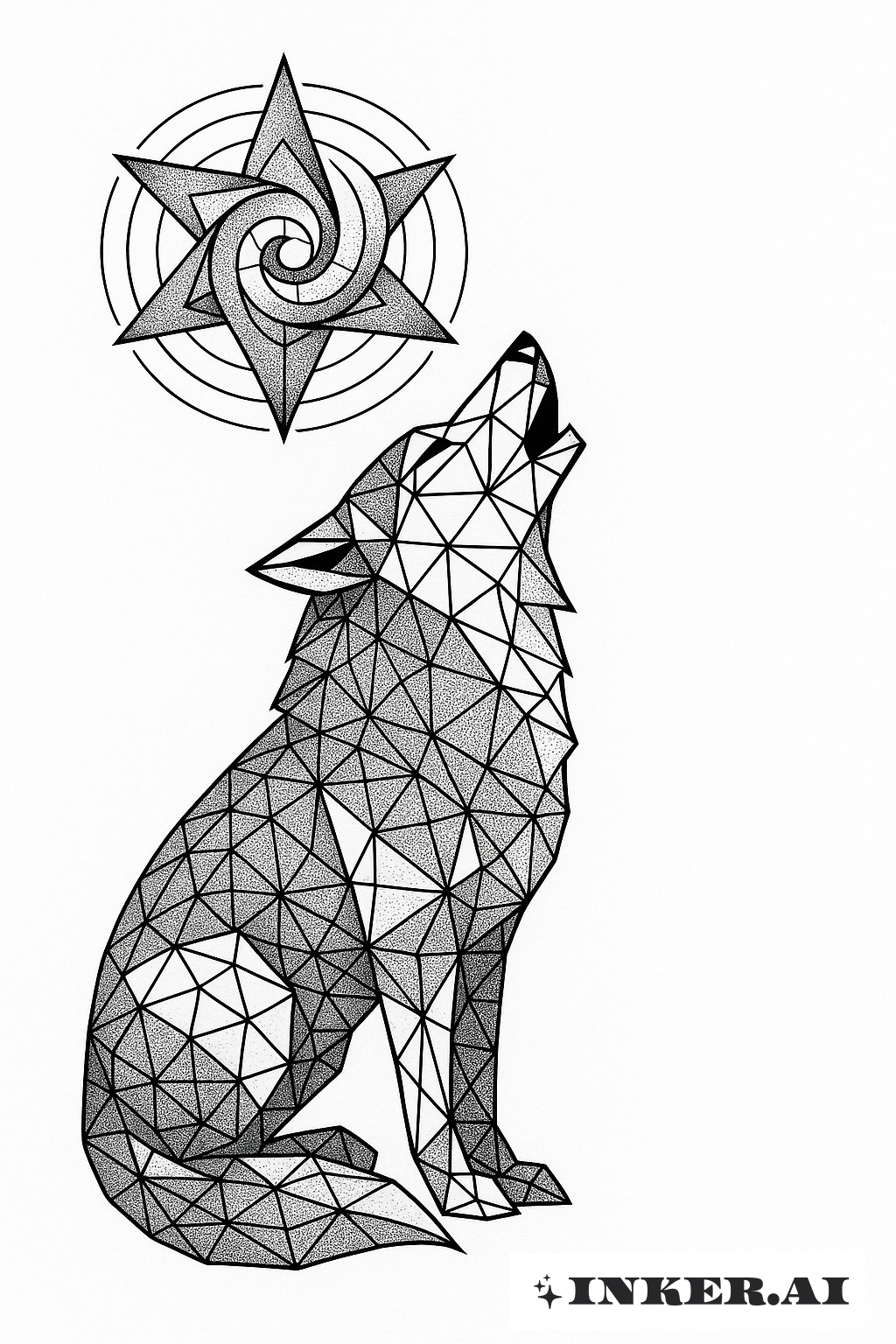 Un design de tatouage géométrique avec un loup hurlant entouré d'un motif d'étoile en spirale et de motifs géométriques complexes.