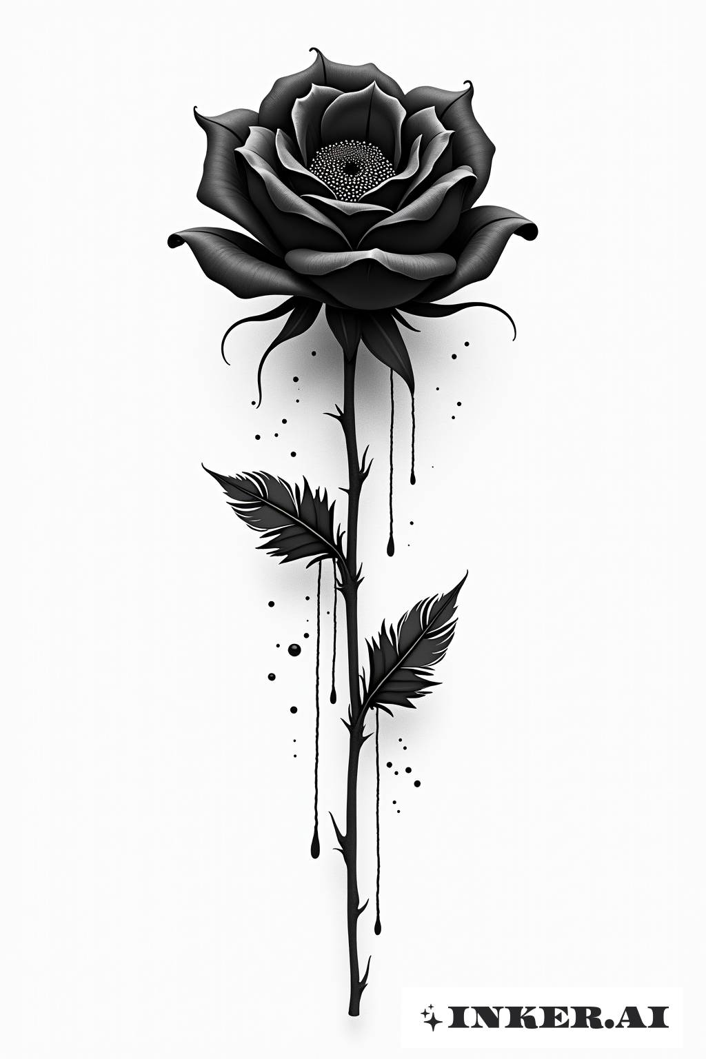 Una rosa negra con tinta goteando de sus pétalos, sobre un fondo de tonos oscuros.