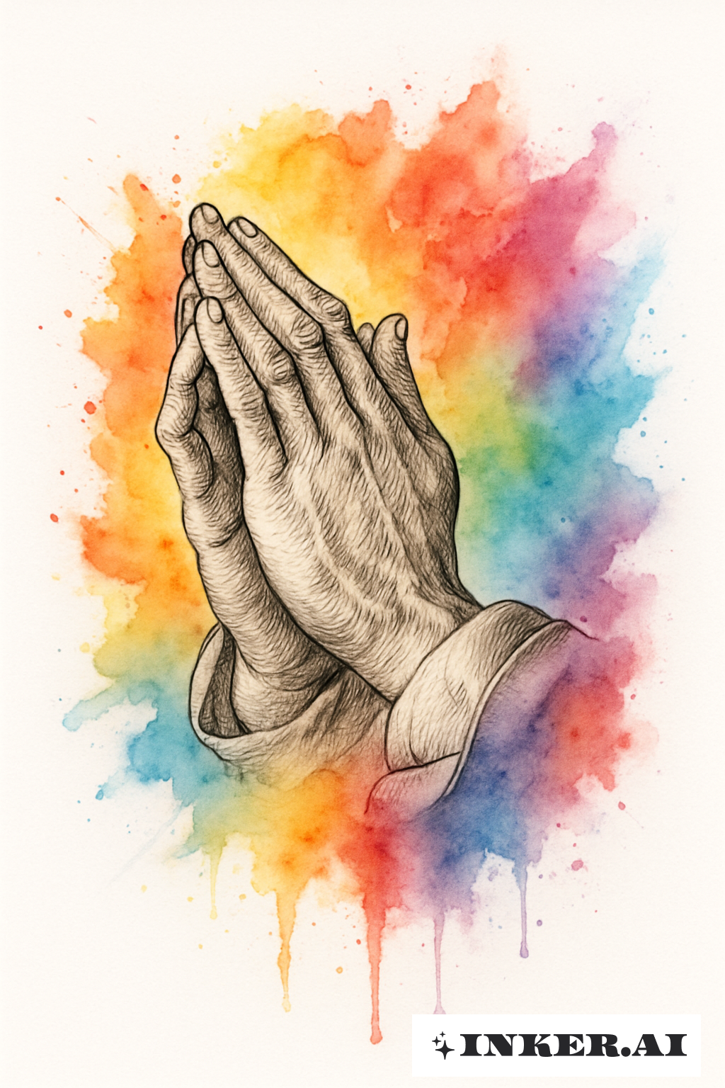 Praying Hands with a Rainbow Watercolor Splash