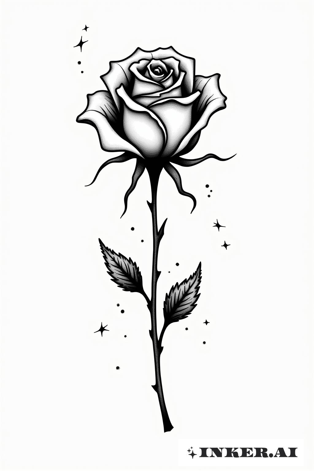 Un boceto detallado de una rosa sin tallo, flotando elegantemente contra un fondo en blanco, capturando la esencia de la belleza delicada y la simplicidad.