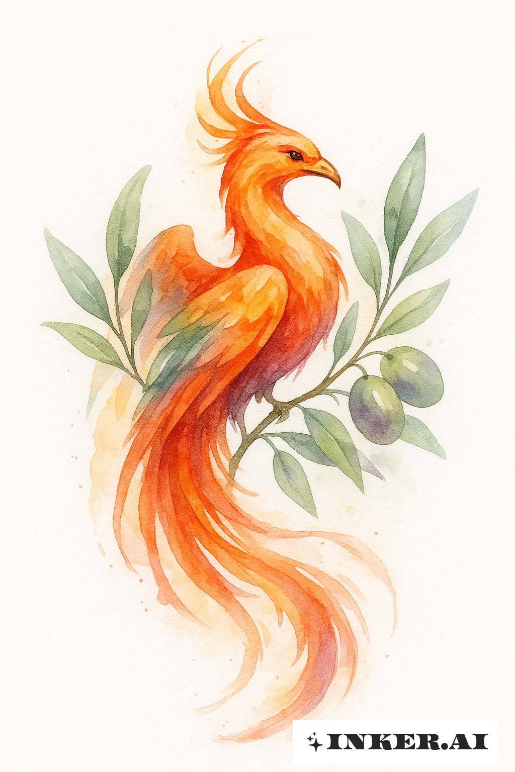 Fênix Ressurgindo de um Ramo de Oliveira em Aquarela
