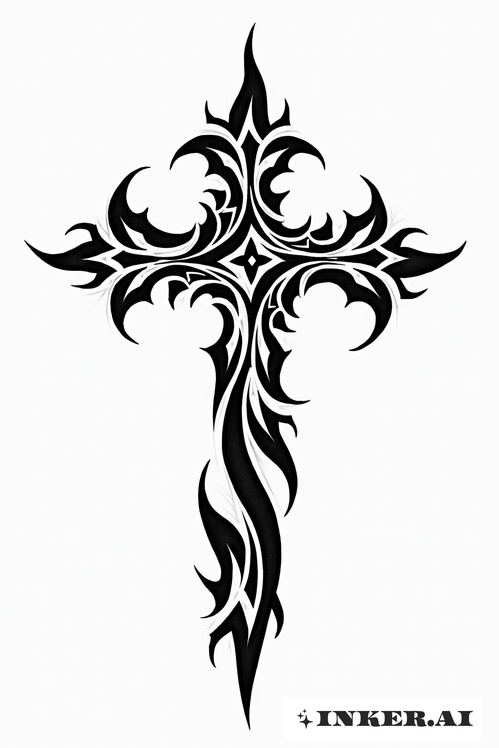 Ein auffälliges Tribal-Tätowierungsdesign, das ein prominentes Kreuz mit detaillierten Bärentatzen zeigt, die um es herum verflochten sind, und spirituelle Symbole mit Naturelementen verbindet.