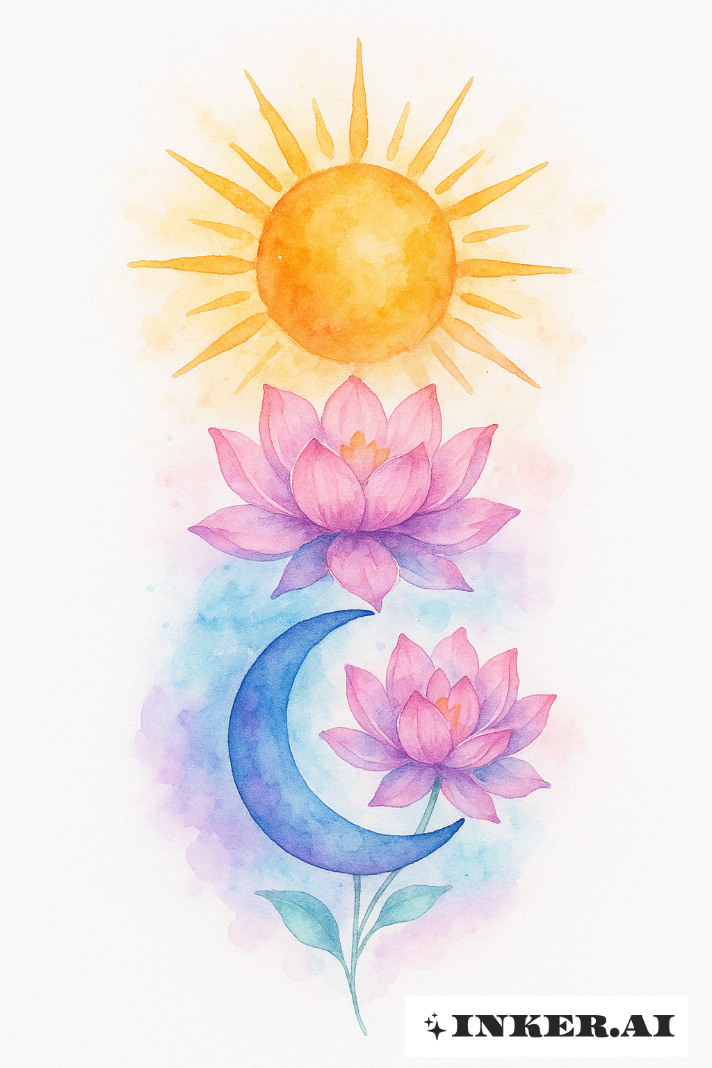 水彩蓮の花と太陽と月