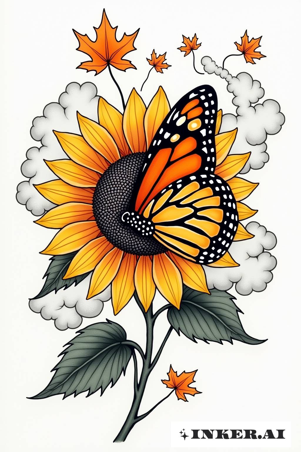 A beautiful butterfly is seamlessly integrated into a large sunflower with vivid colors.