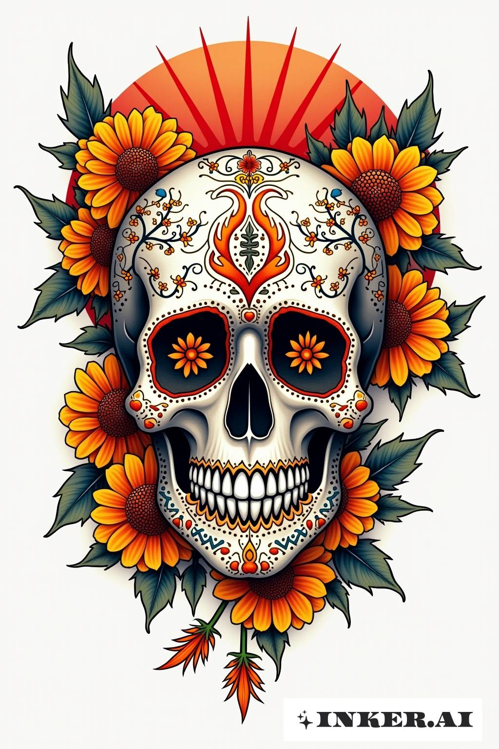 Una calavera de azúcar mexicana vibrante y detallada adornada con coloridos cempasúchiles, con patrones intrincados y colores vivos que expresan la cultura mexicana.