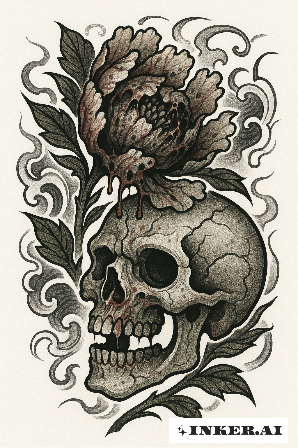 Une Fleur de Pivoine Infectée et un Crâne