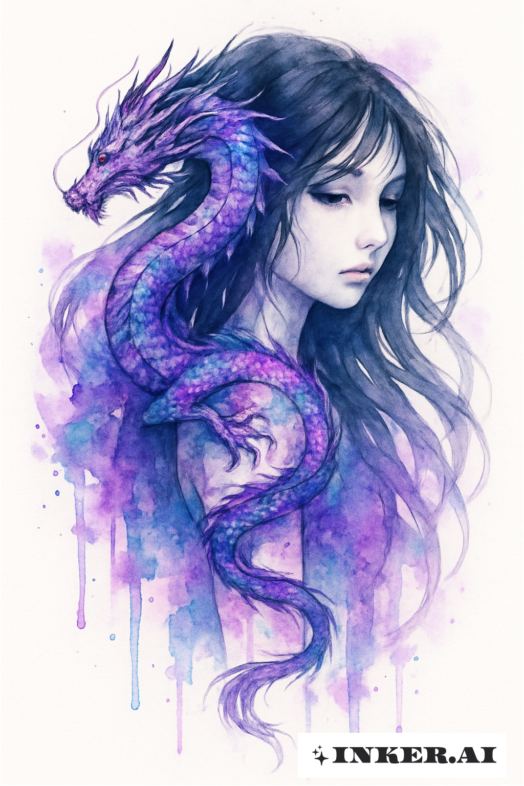 Das Mädchen mit dem Drachen in einem Aquarelltraum