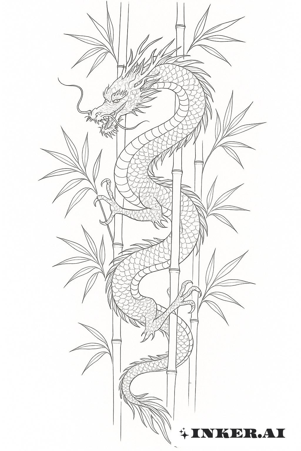 精緻線條日式龍與竹子