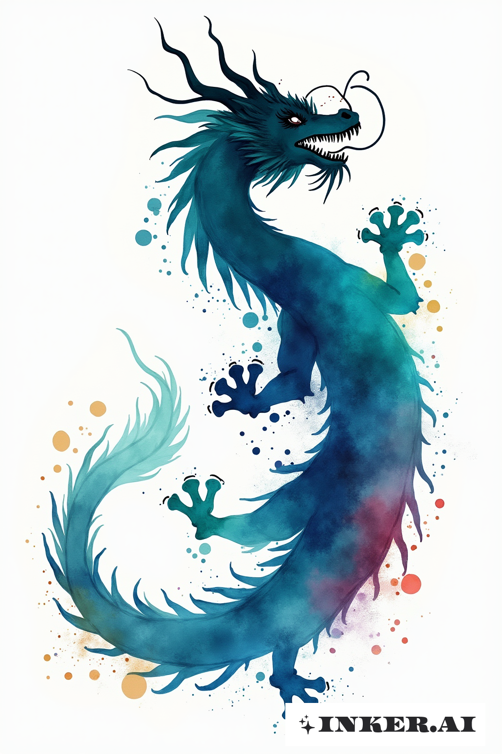The image showcases a captivating dragon shadow wrapped in a vibrant watercolor wash, blending fluid and dynamic motions with artistic flair.