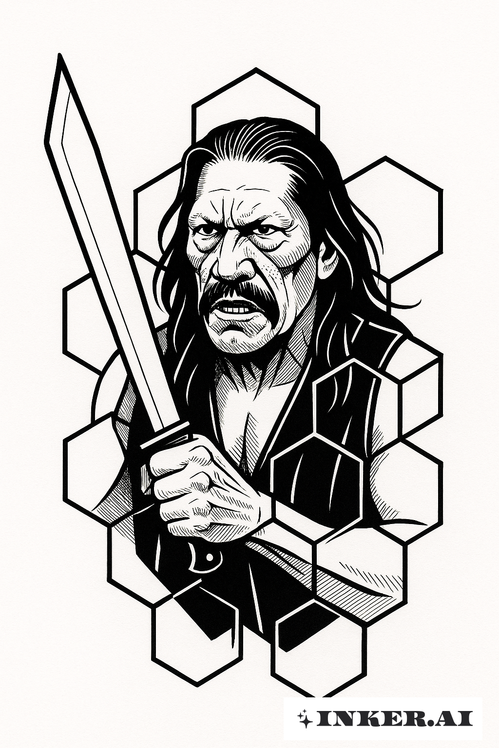 Machete Danny Trejo, der aus Hexagonen auftaucht
