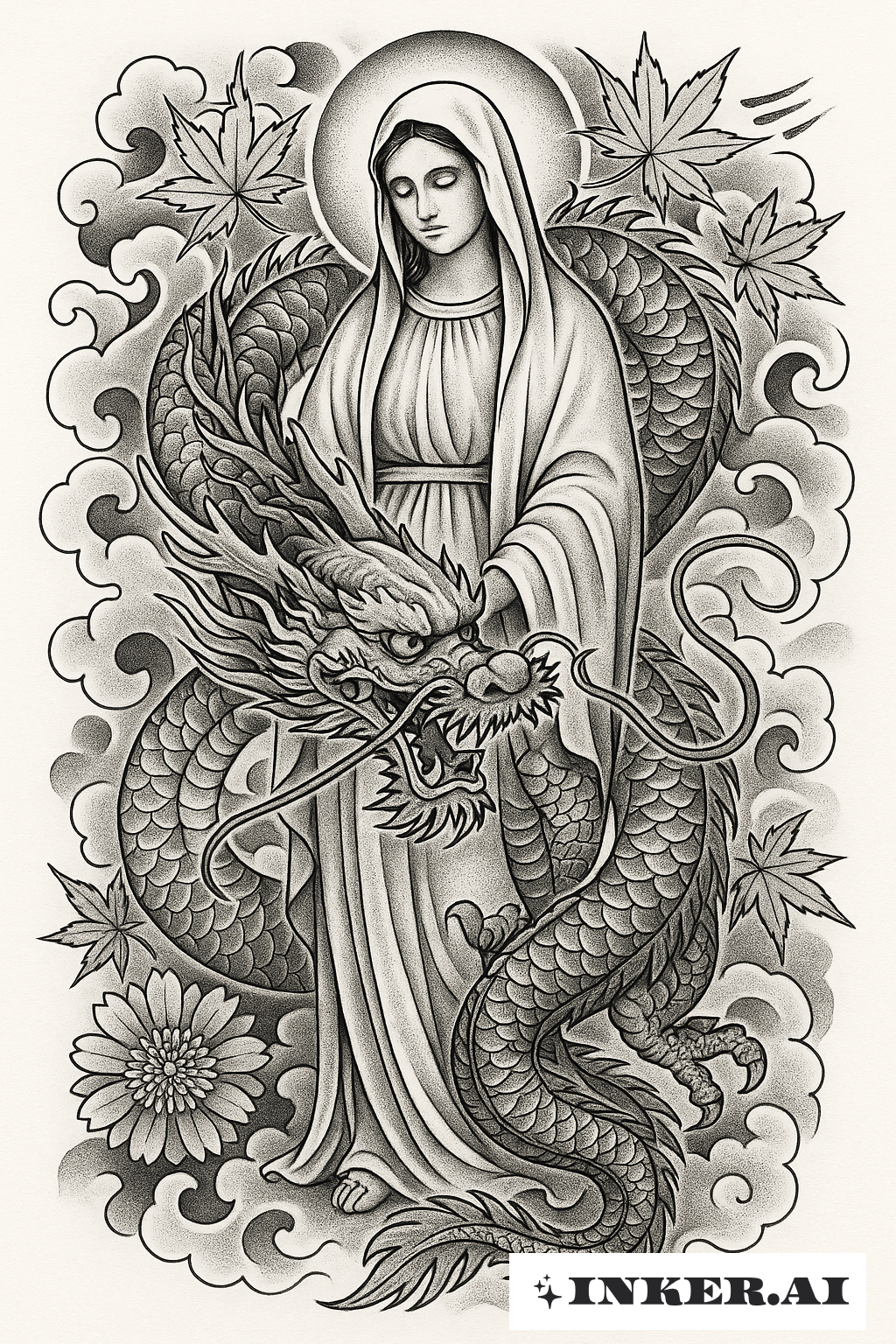 La Vierge Marie avec un Dragon Enroulé