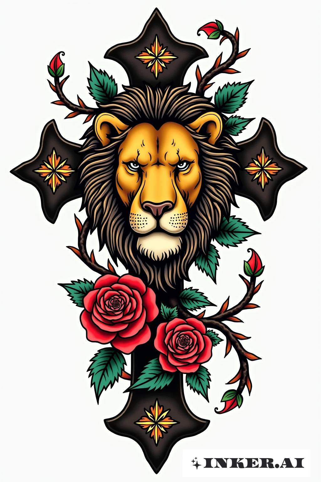 Un majestuoso león entrelazado con enredaderas florales intrincadamente diseñadas que se elevan sobre una cruz, demostrando una combinación de fuerza y belleza.