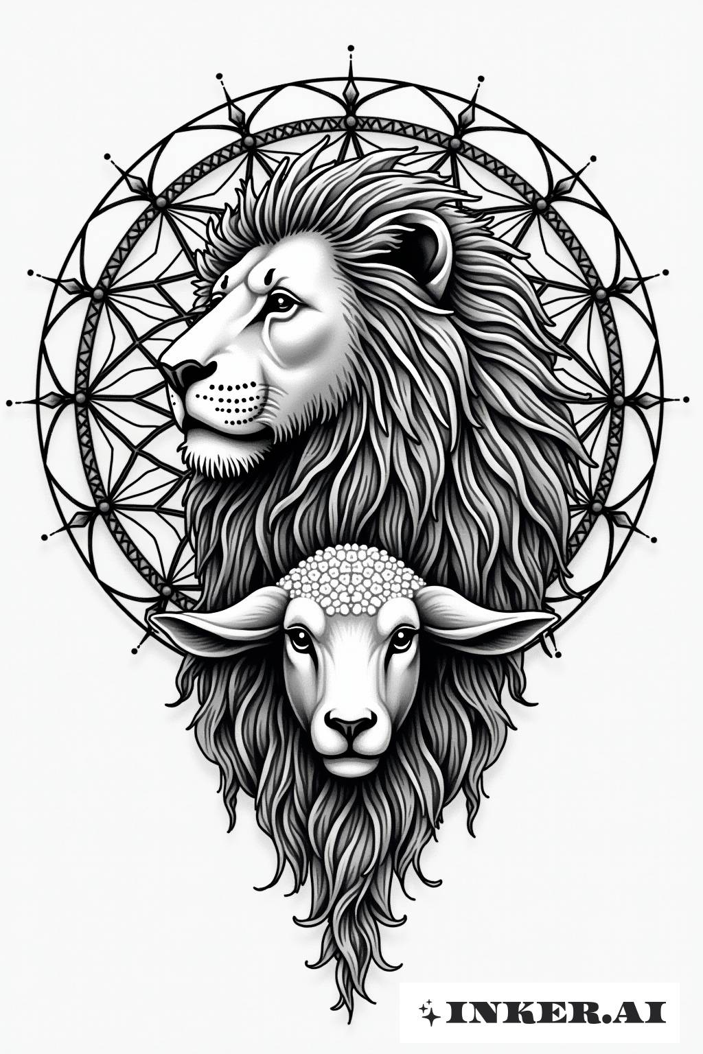 A stunning tattoo featuring a lion and a lamb within a circular geometric design, symbolizing harmony between strength and gentleness.