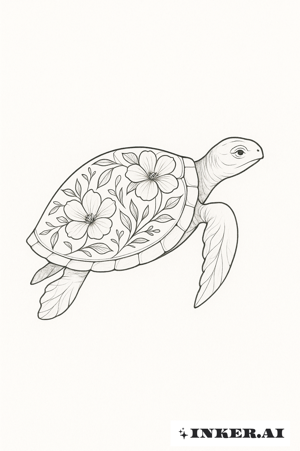 Fine Line Turtle With A Floral Shell