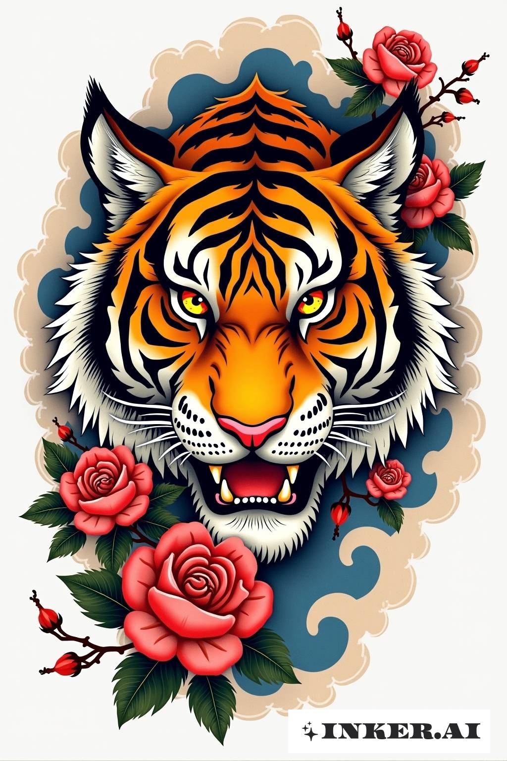 Una cara de tigre con intrincados patrones de rosas alrededor, en un estilo tradicional con colores llamativos.