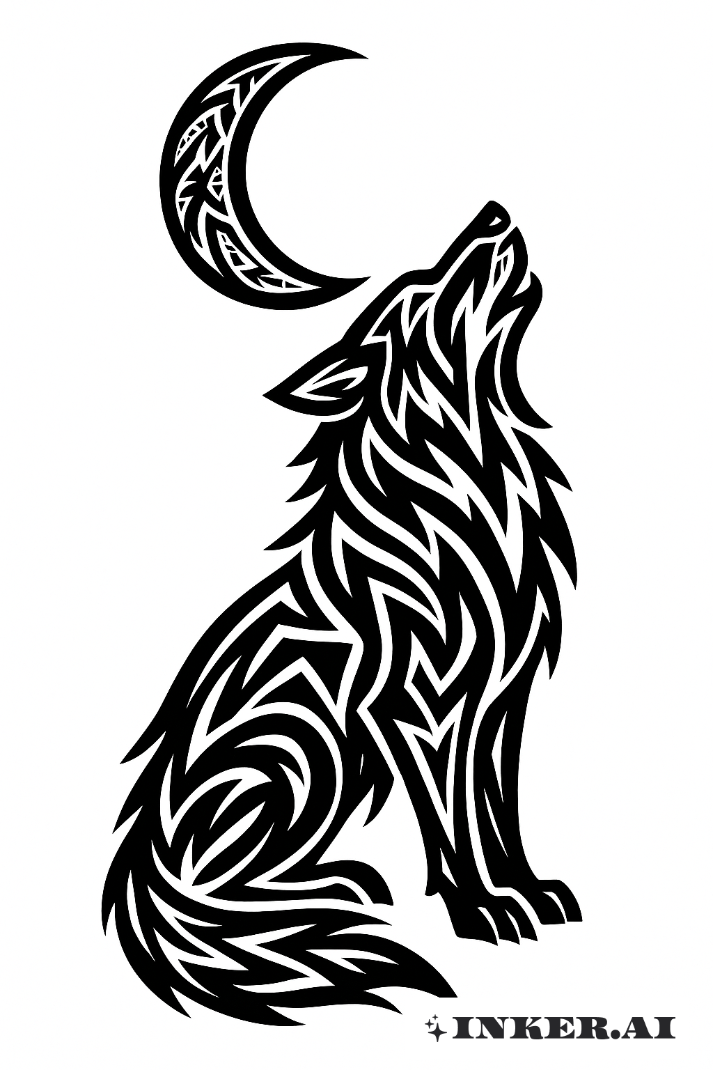 A Tribal Wolf Howling At A Crescent Moon