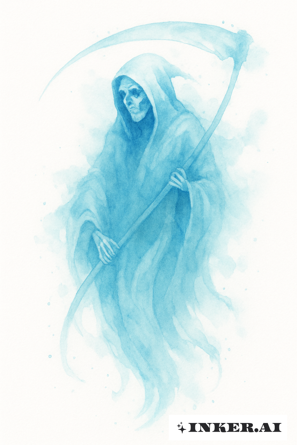 Ätherischer Sensenmann in sanften blauen Aquarelltönen