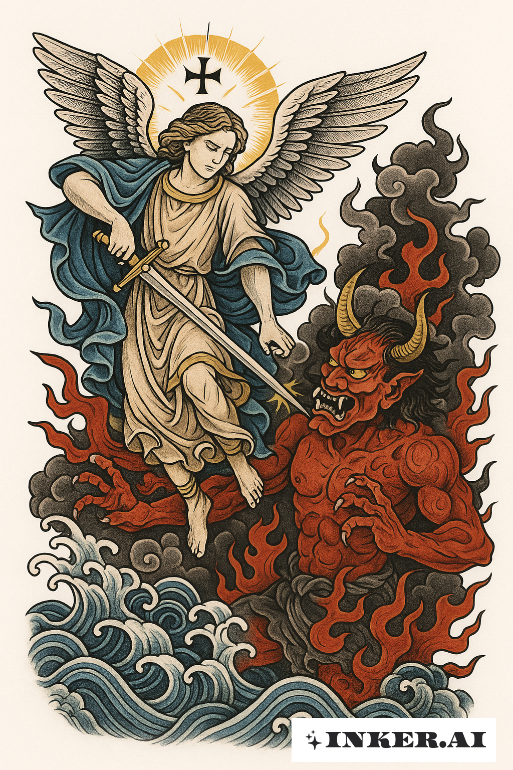 Guardian Angel Battling an Oni Demon