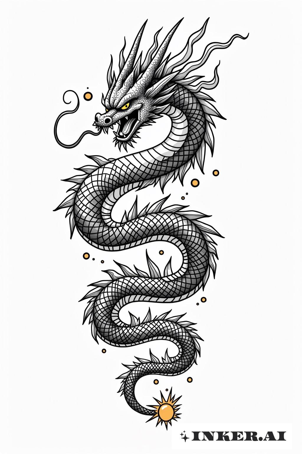 Contour noir et blanc de Shenron, le dragon légendaire de Dragon Ball Z, s'enroulant élégamment avec des écailles détaillées et une expression féroce.