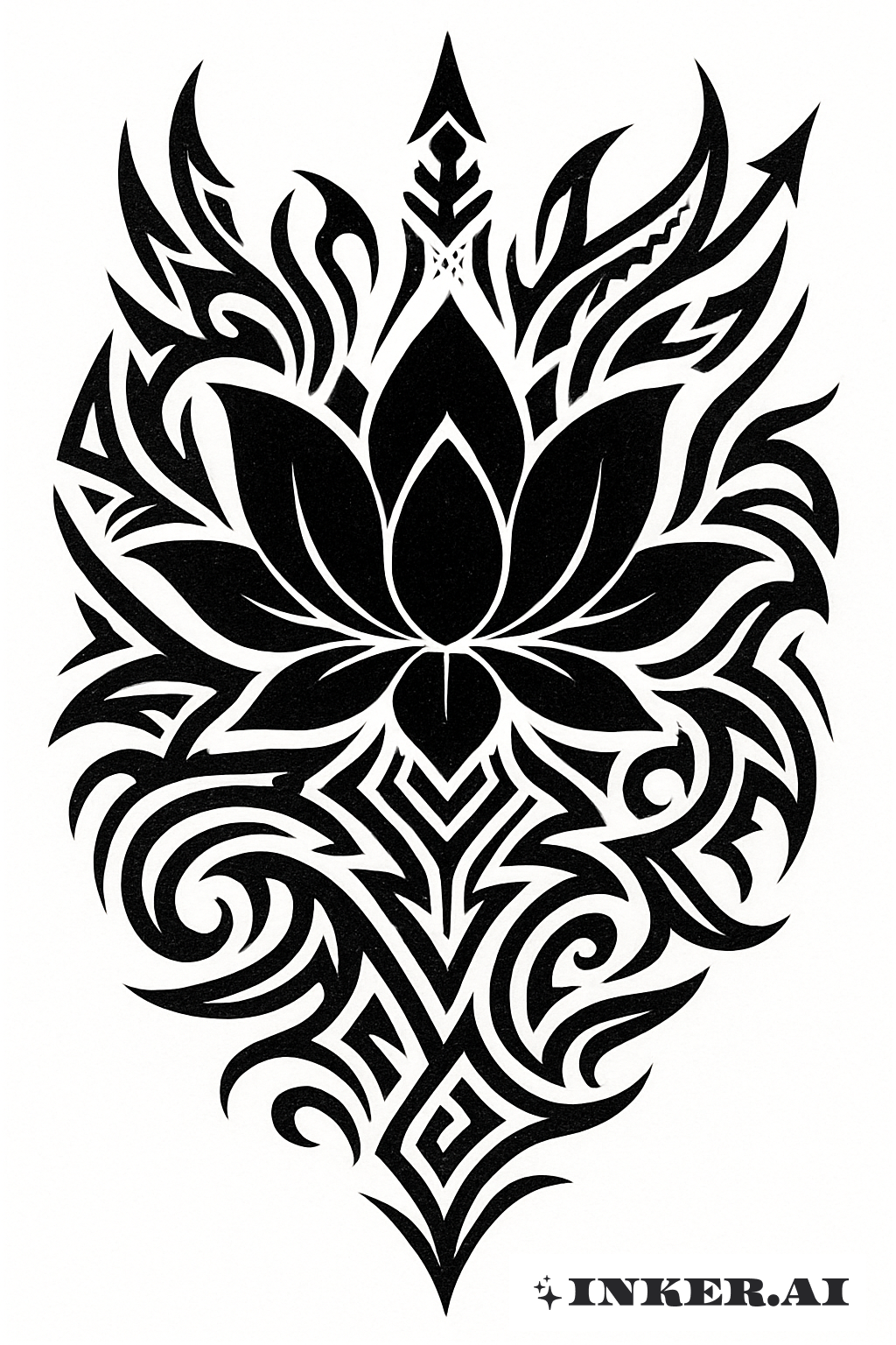 Un llamativo tatuaje tribal de loto en blanco y negro con patrones simétricos, combinando elementos florales y geométricos.