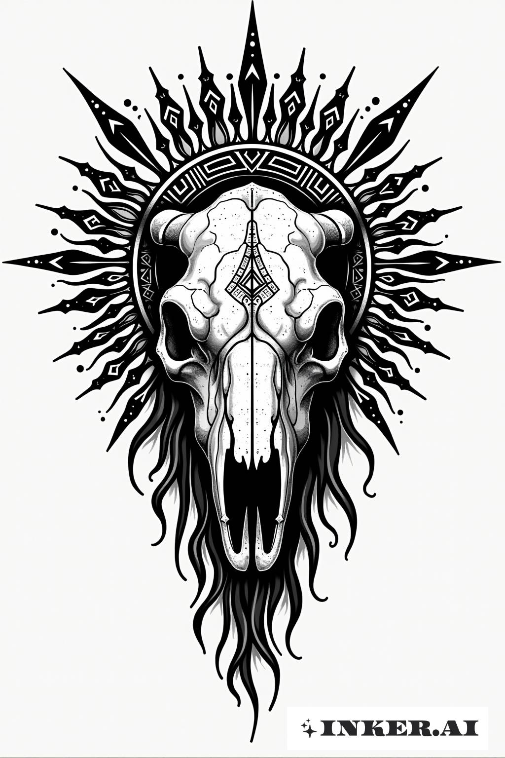 A lion skull with a tribal sun symbol, featuring bold black lines and geometric patterns.