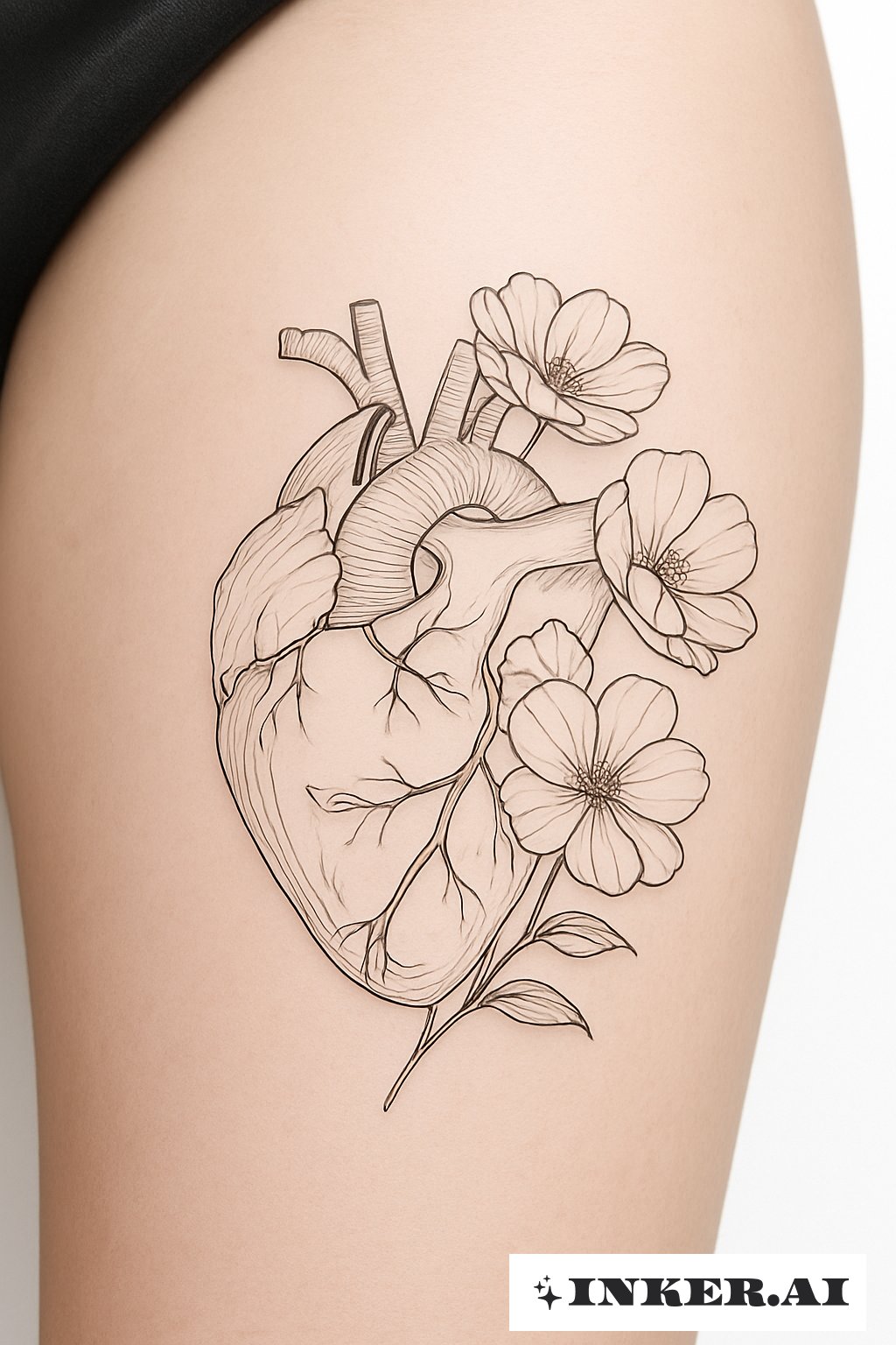Coração Anatômico com Flores na Coxa