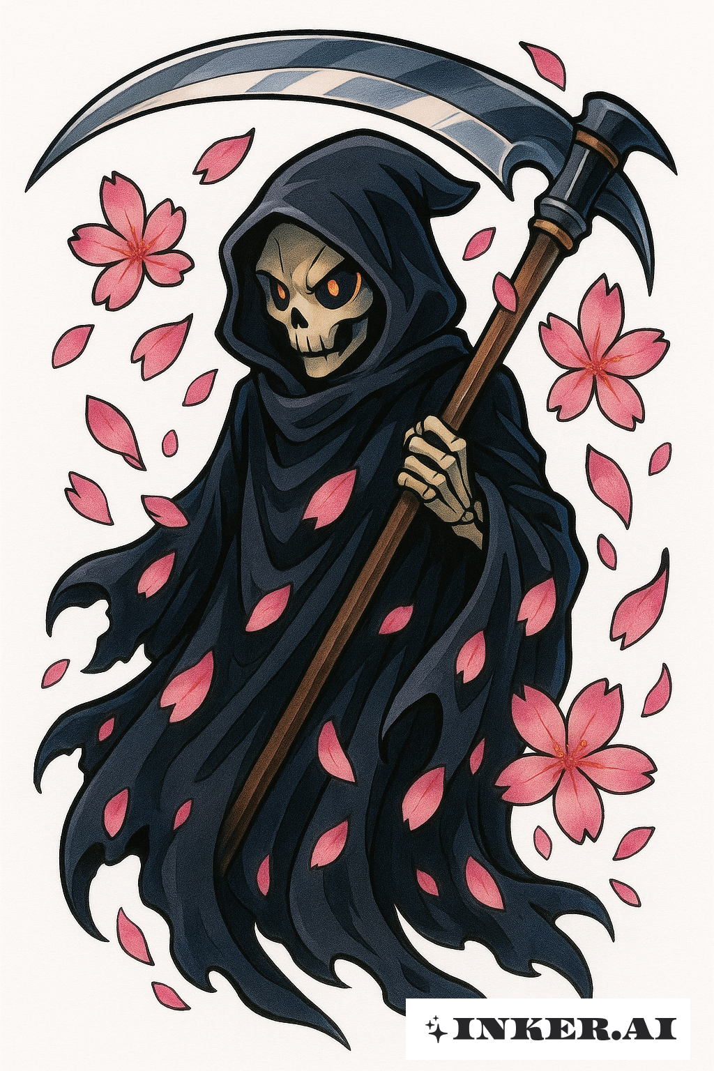 Sensenmann inmitten fallender Kirschblüten