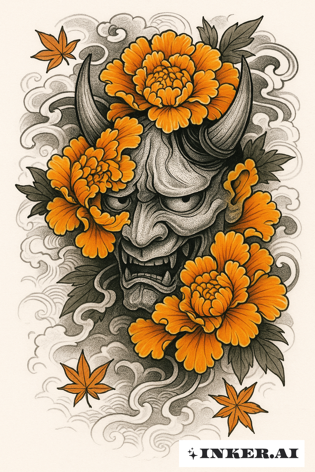 Oni Mask Hidden In A Marigold