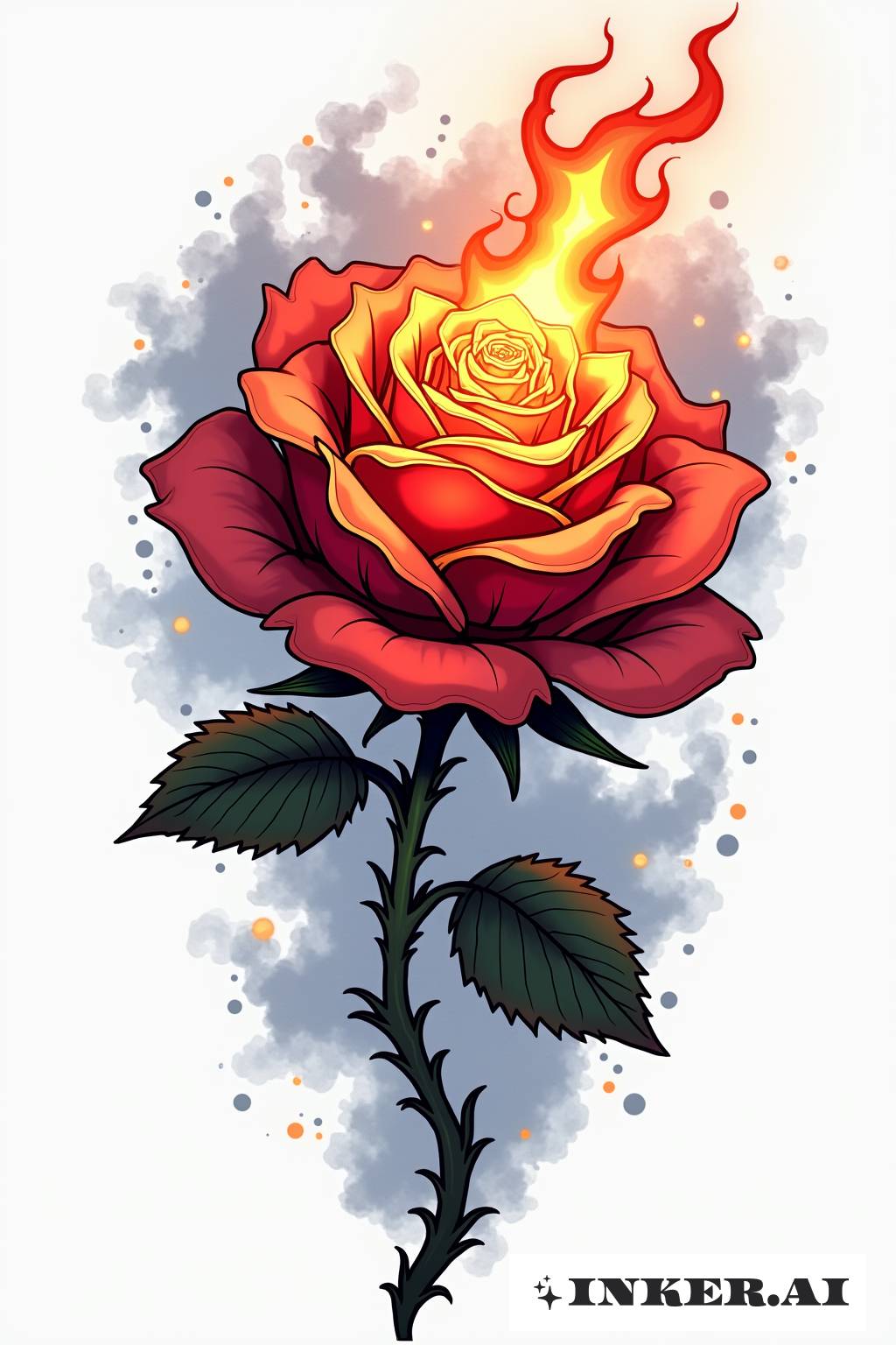 A burning rose with ashes floating around, presented in an anime - style visual.