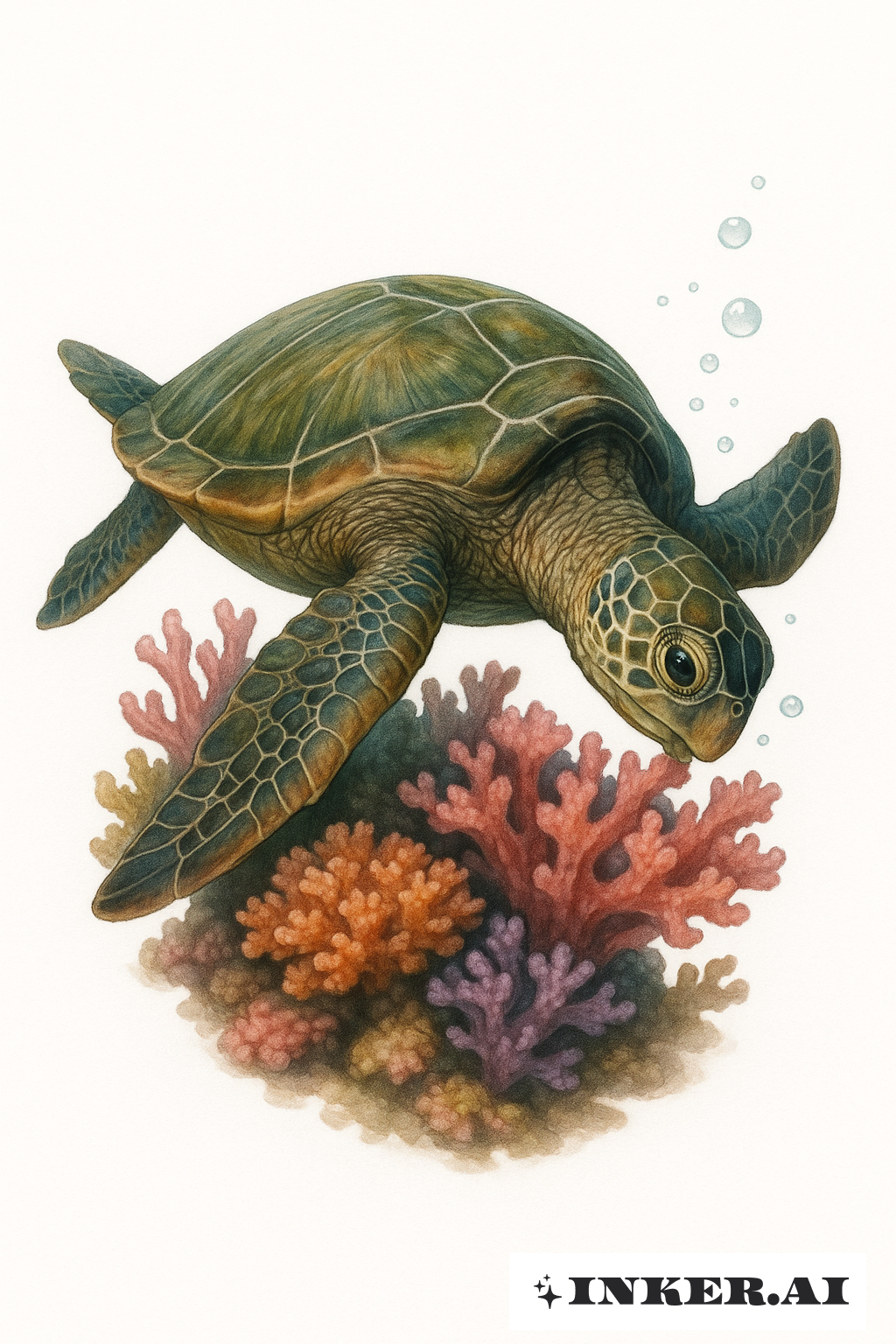 Tortue de mer réaliste broutant sur récif corallien