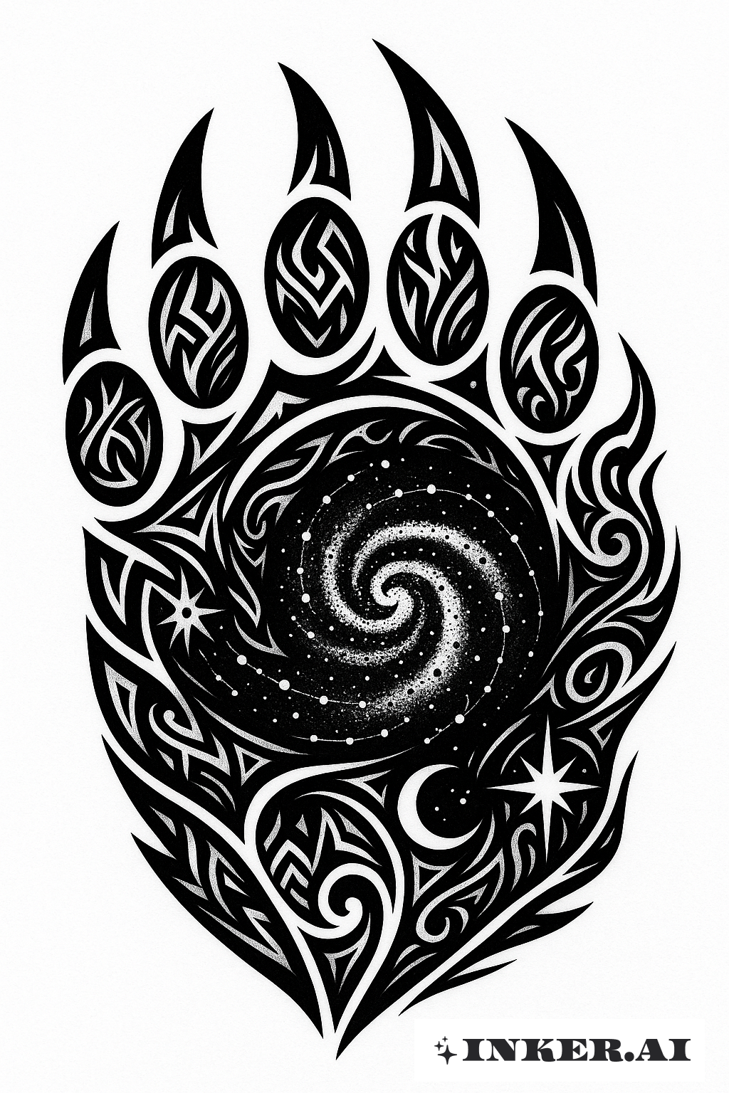 The image features a tribal-style tattoo consisting of spirals, stars, and bear paw motifs, creating an intricate symmetrical design.