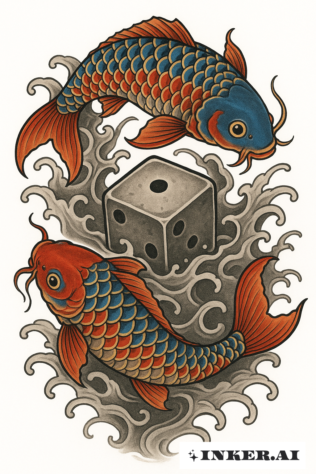 Two Koi Fish Circling a Sinking Dice