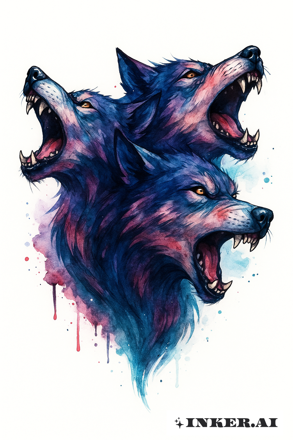Les Trois Têtes Hurlantes de Cerbère en Aquarelle