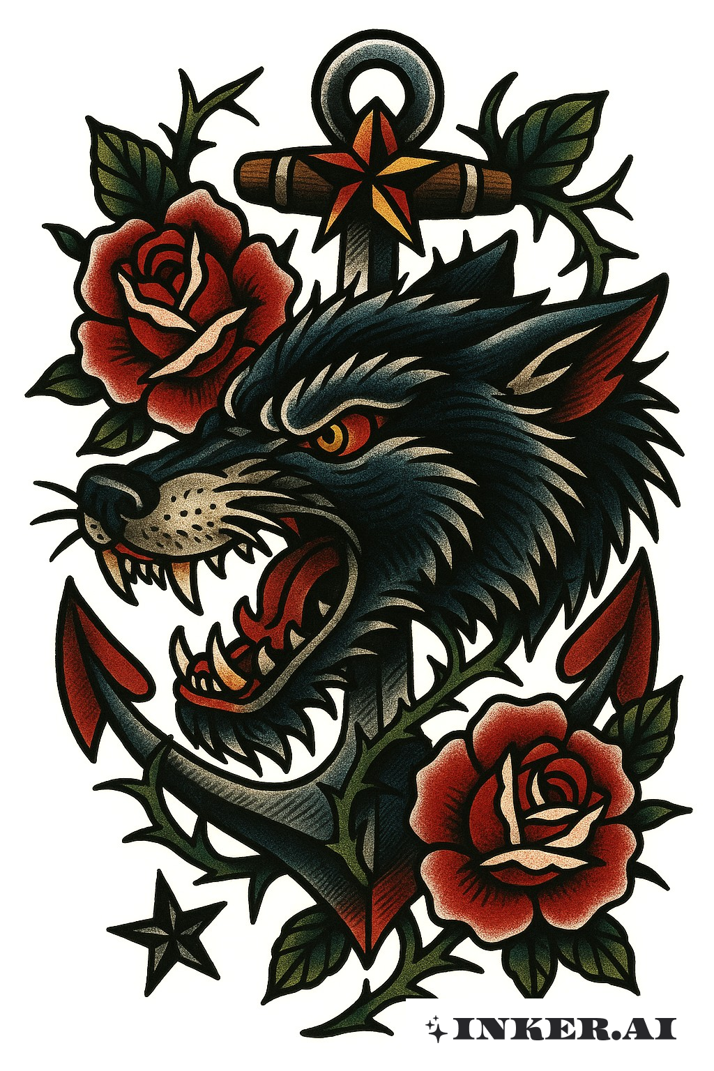 A traditional style tattoo featuring a wolf's head intertwined with an anchor and surrounded by roses in bold colors.