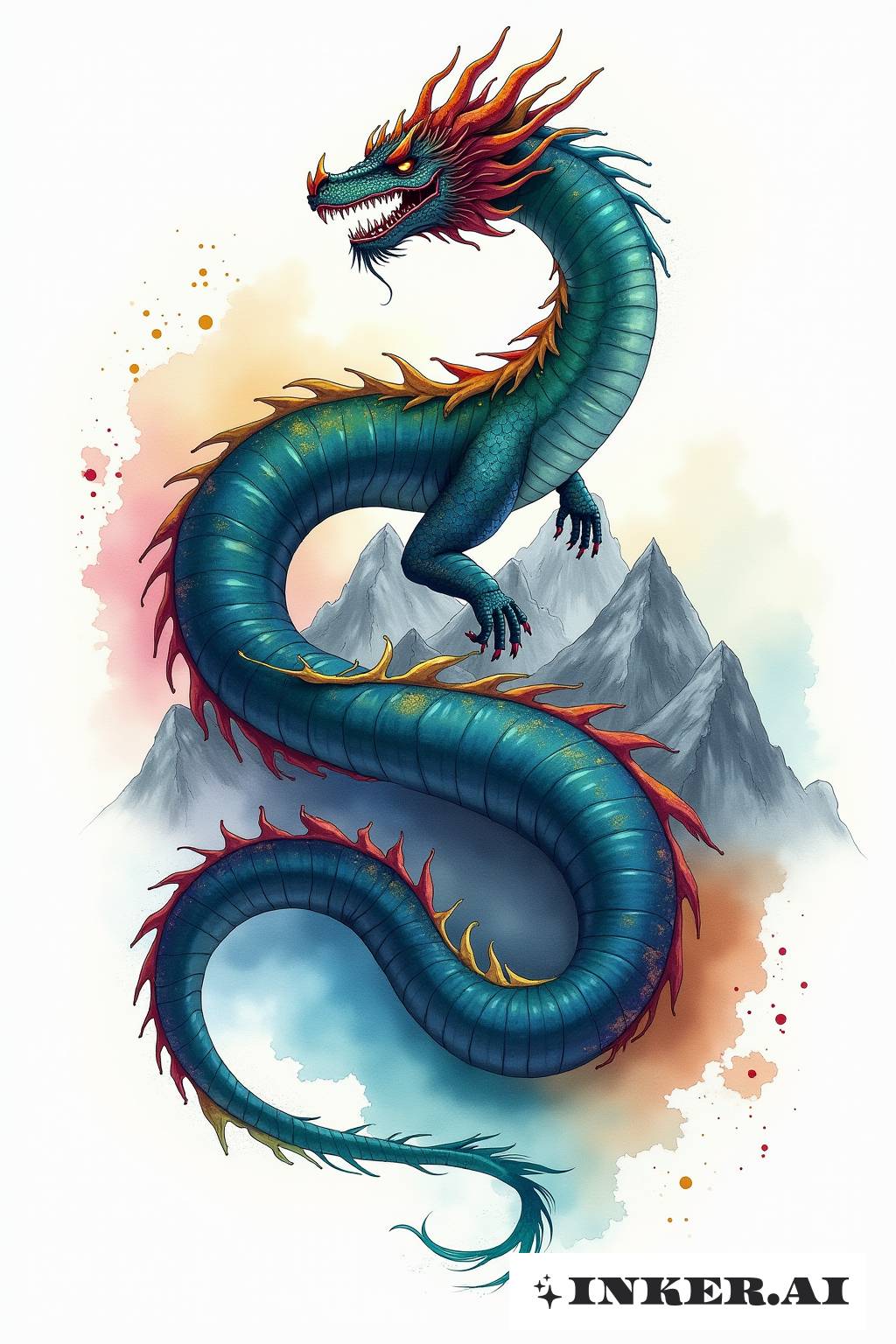 A vibrant watercolor dragon soaring above serene mountains with a vivid, sky-like background.