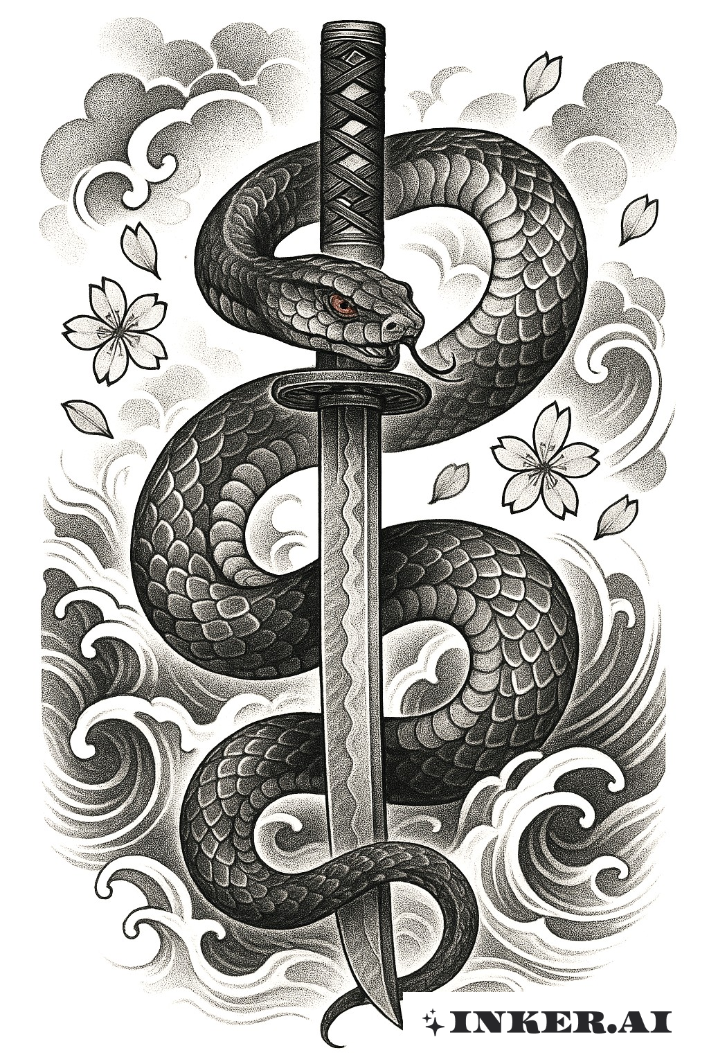 A detailed tattoo design featuring a coiled serpent protectively wrapped around a traditional samurai katana, with Japanese motifs.