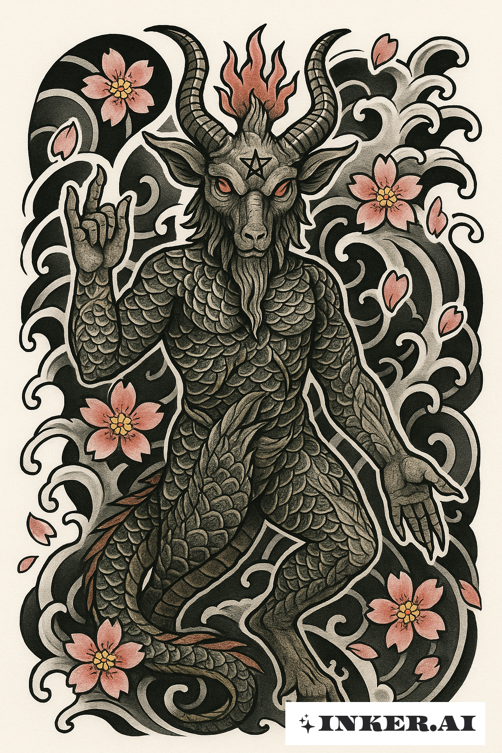 Baphomet mit Drachenschuppen und Sakura