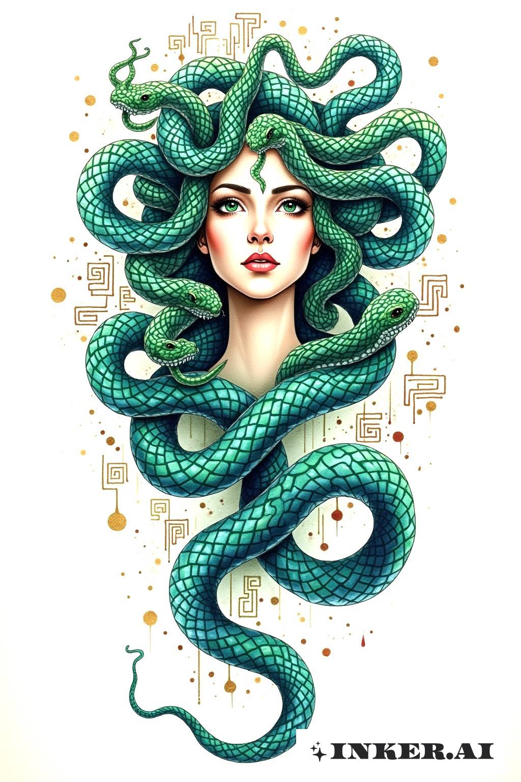 一幅水彩風格的美杜莎刺青，她的蛇髮飄逸，表情神秘。