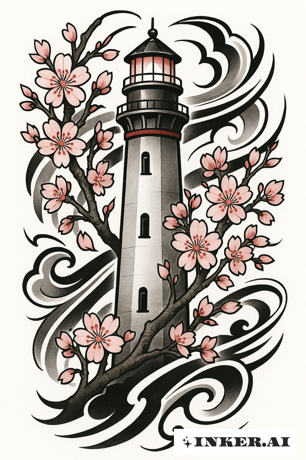 Phare avec Cerisiers en Fleurs et Barres de Vent