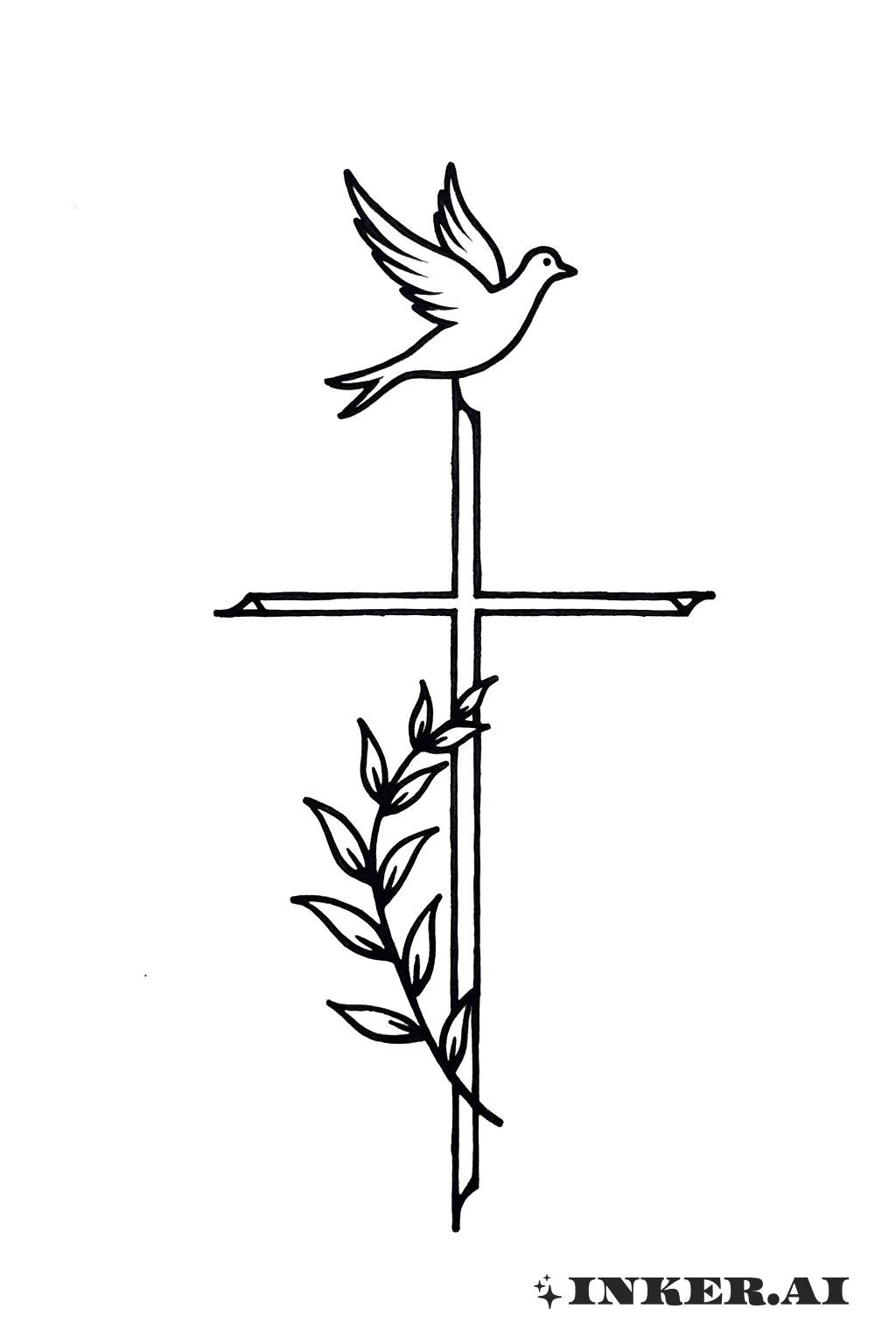 A simple and elegant design featuring a cross alongside a dove carrying an olive branch, symbolizing peace and faith.