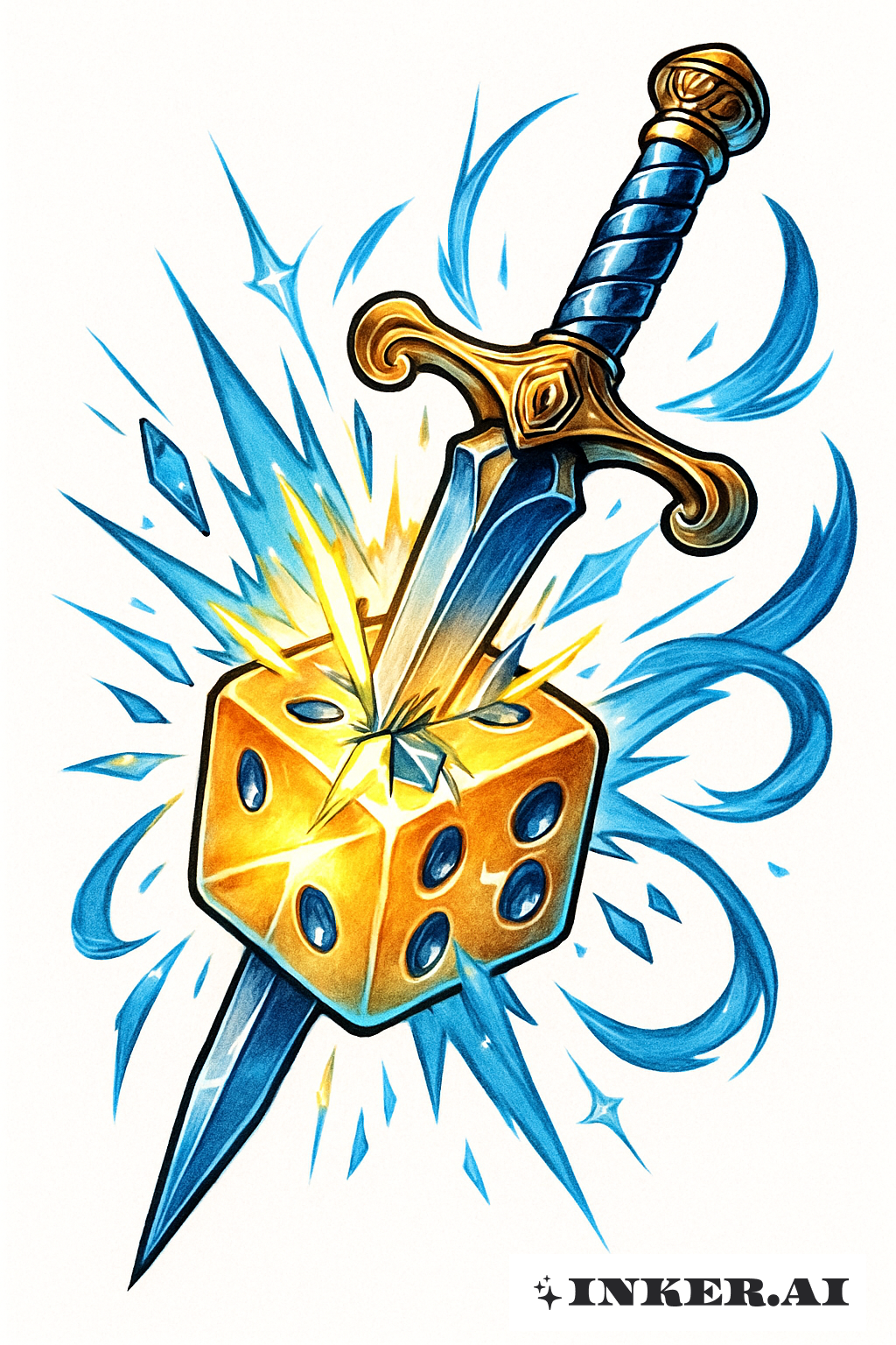 Hero's Sword Piercing a Glowing Dice