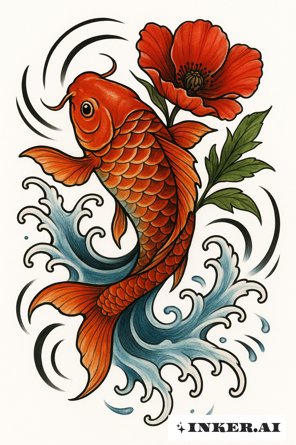 Koi Fish Swimming Around a Poppy