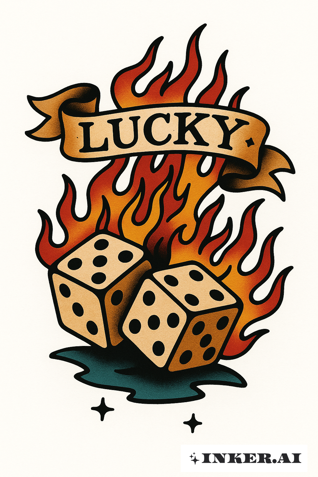 Flaming Rolling Dice with a Lucky Banner