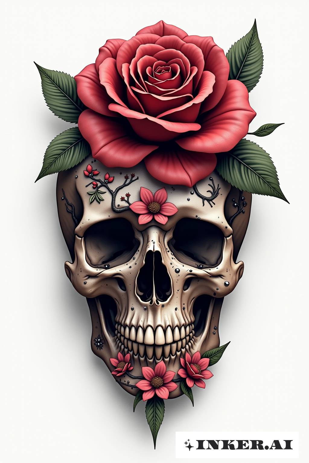Une rose réaliste au - dessus d'un crâne décoré de fleurs, avec des pétales délicats et des traits détaillés du crâne.