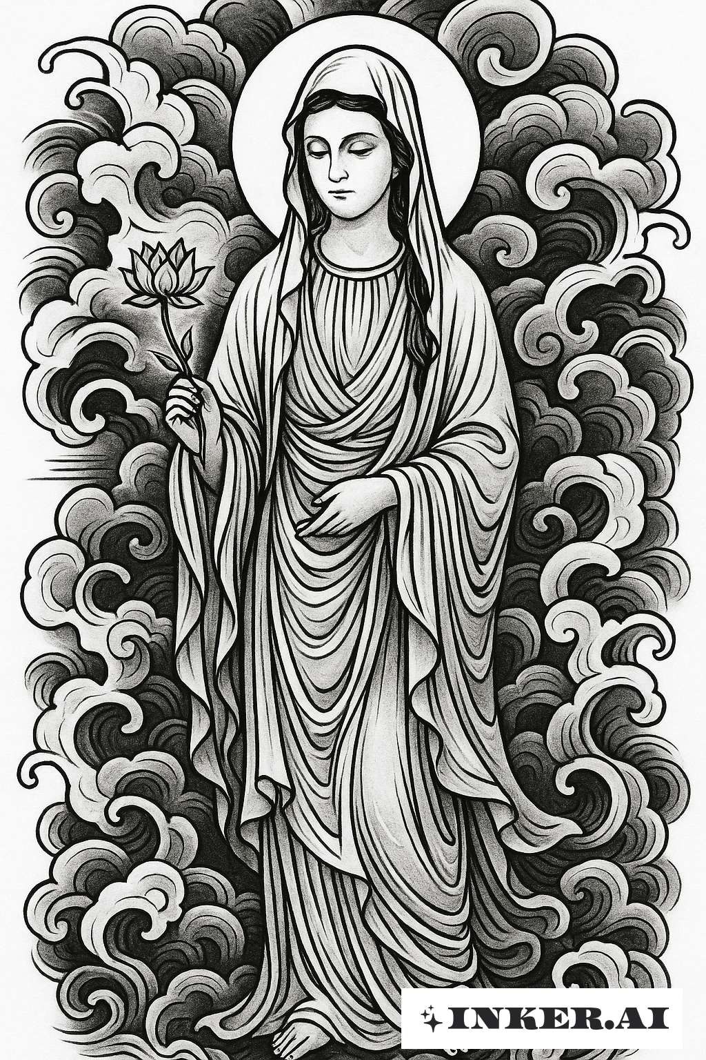 Vierge Marie comme Kannon parmi les nuages