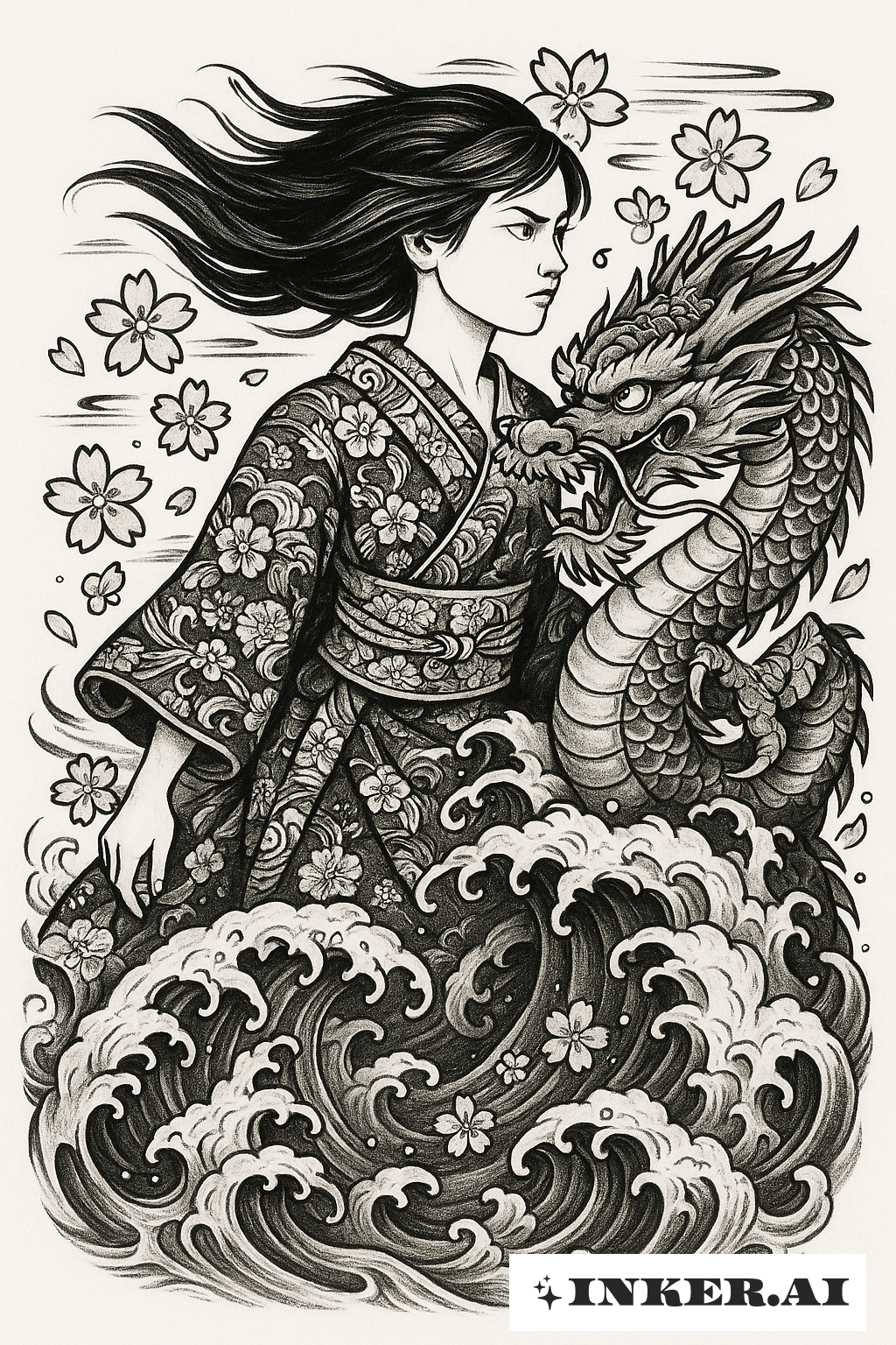 La Fille avec le Dragon au Milieu des Vagues Féroces
